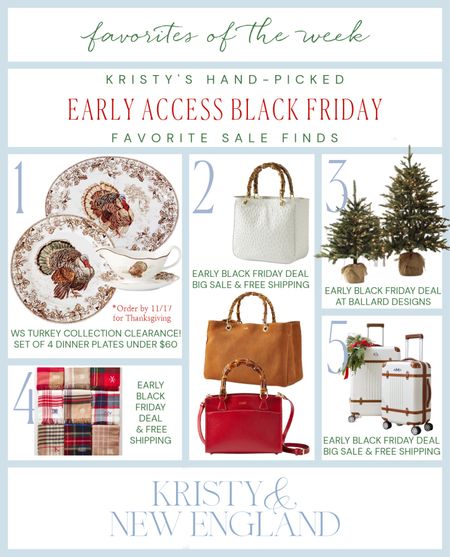Early access BLACK FRIDAY sale finds  you’ll want to scoop up now!

The WS Turkey Dinnerware is on clearance and guaranteed Thanksgiving delivery if you order by 11/17.
The leather Elisabetta bags are at a great sale price and have free shipping.

The luggage & luggage sets are marked down and ship free.

The 3-4 ft. Peek it trees are good quality and the price is amazing.

The Italian wool scarves make great gifts and stocking stuffers! $35-$49 & ships free.

#LTKBlackFriday 

#LTKGiftGuide #LTKCyberWeek