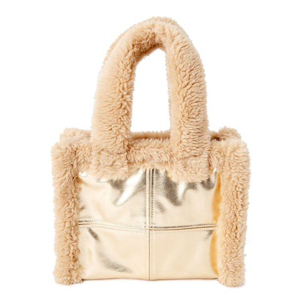 No Boundaries Women's Square Sherpa Tote Bag Gold Tan- Small - Walmart.com | Walmart (US)