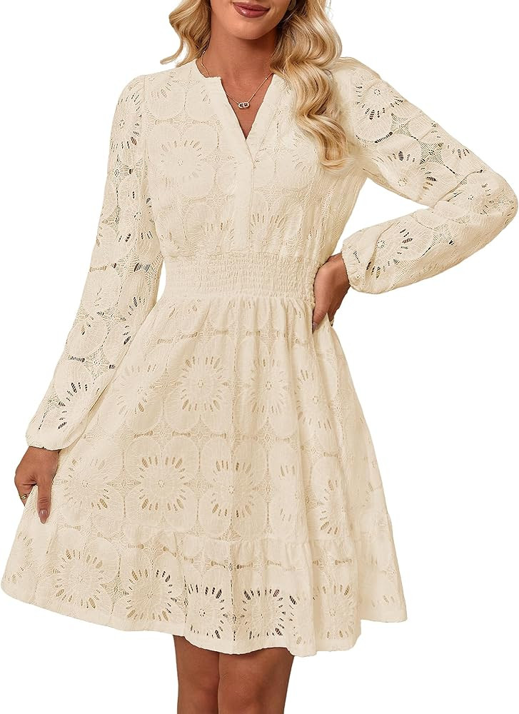Women's Long Puff Sleeve Floral Mini Dress Spring V Neck Hollow Out Eyelet Lace Embroidery Ruffle... | Amazon (US)
