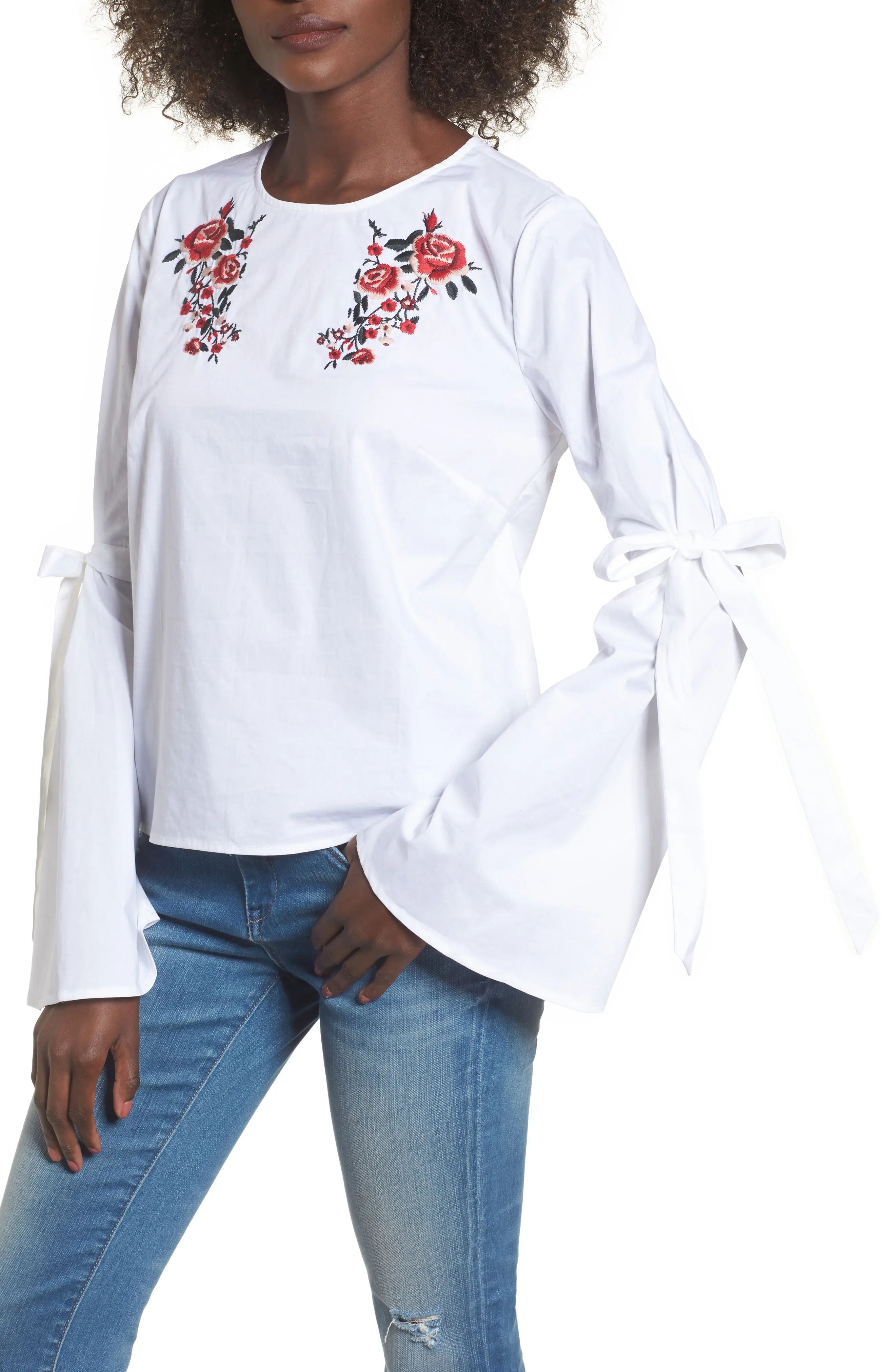 Floral Embroidery Bell Sleeve Top | Nordstrom