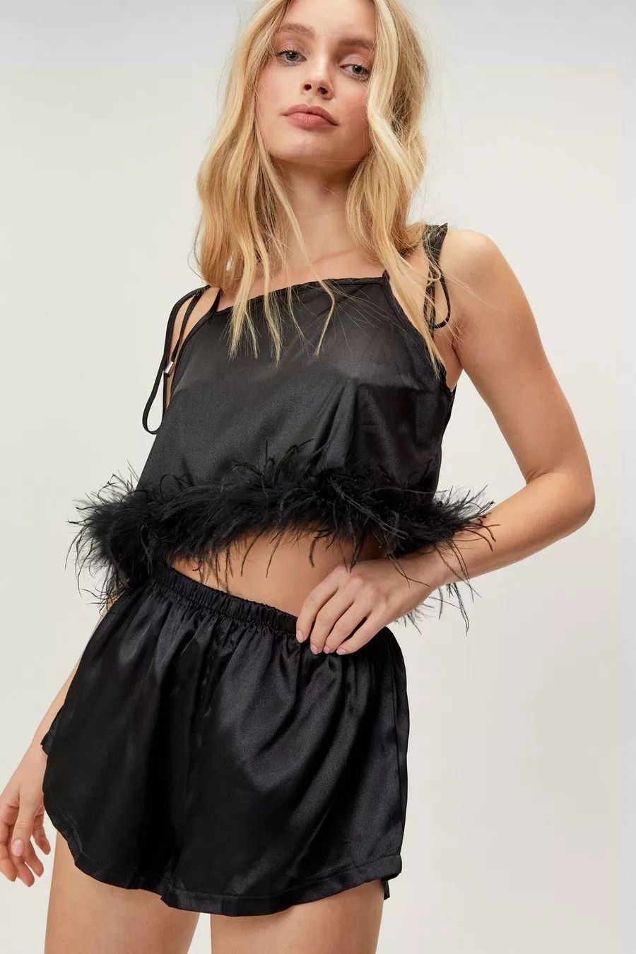 Satin Feather Trim Cami Pajama Shorts Set | Nasty Gal US