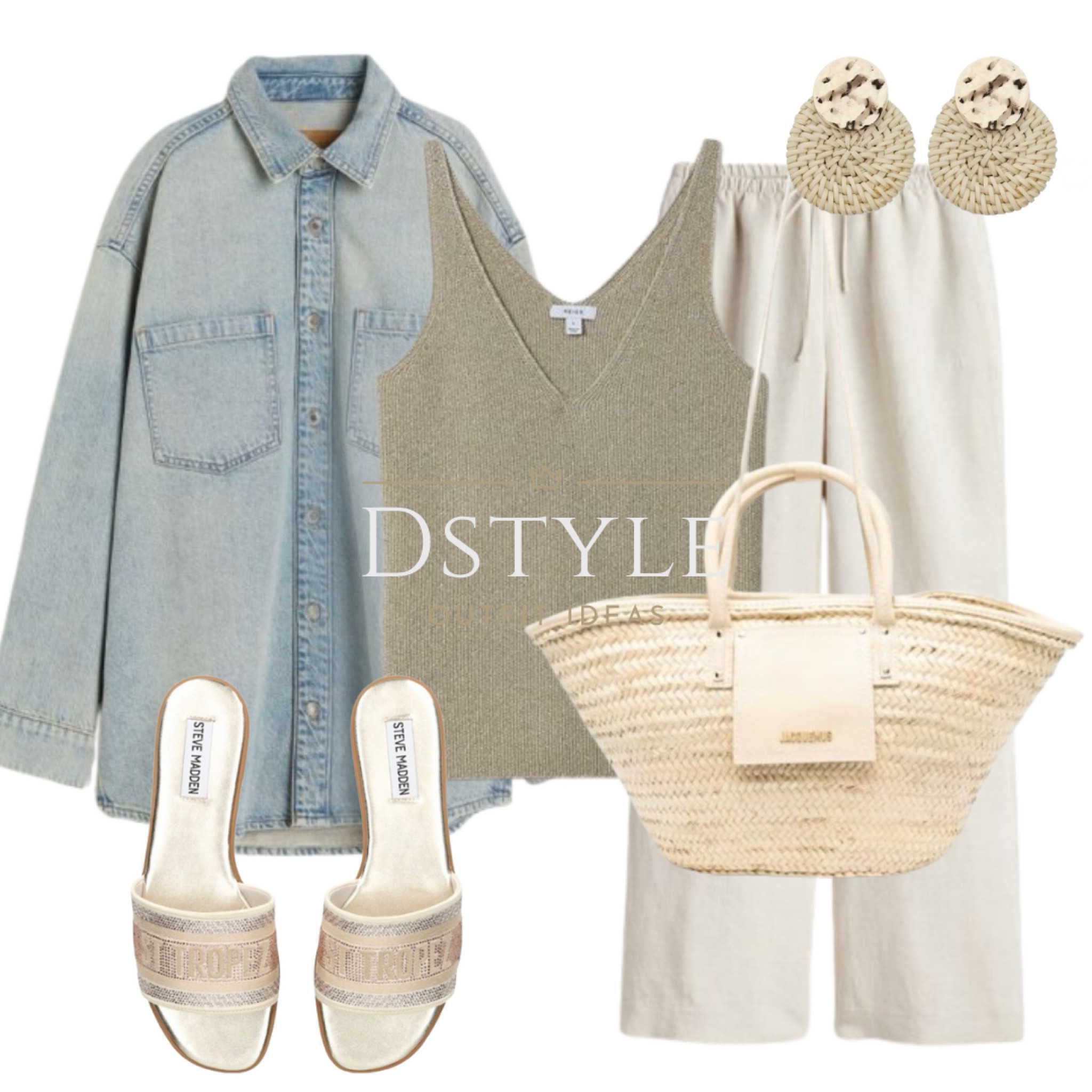 Light beige linen-blend pull-on trousers, pale blue feather soft denim shirt, metallic v-neck top, raffia tote bag and leather slides, Steve Madden slide sandals, Jacquemus bag, ootd, comfy yet stylish look

#LTKitbag #LTKstyletip #LTKfindsunder50