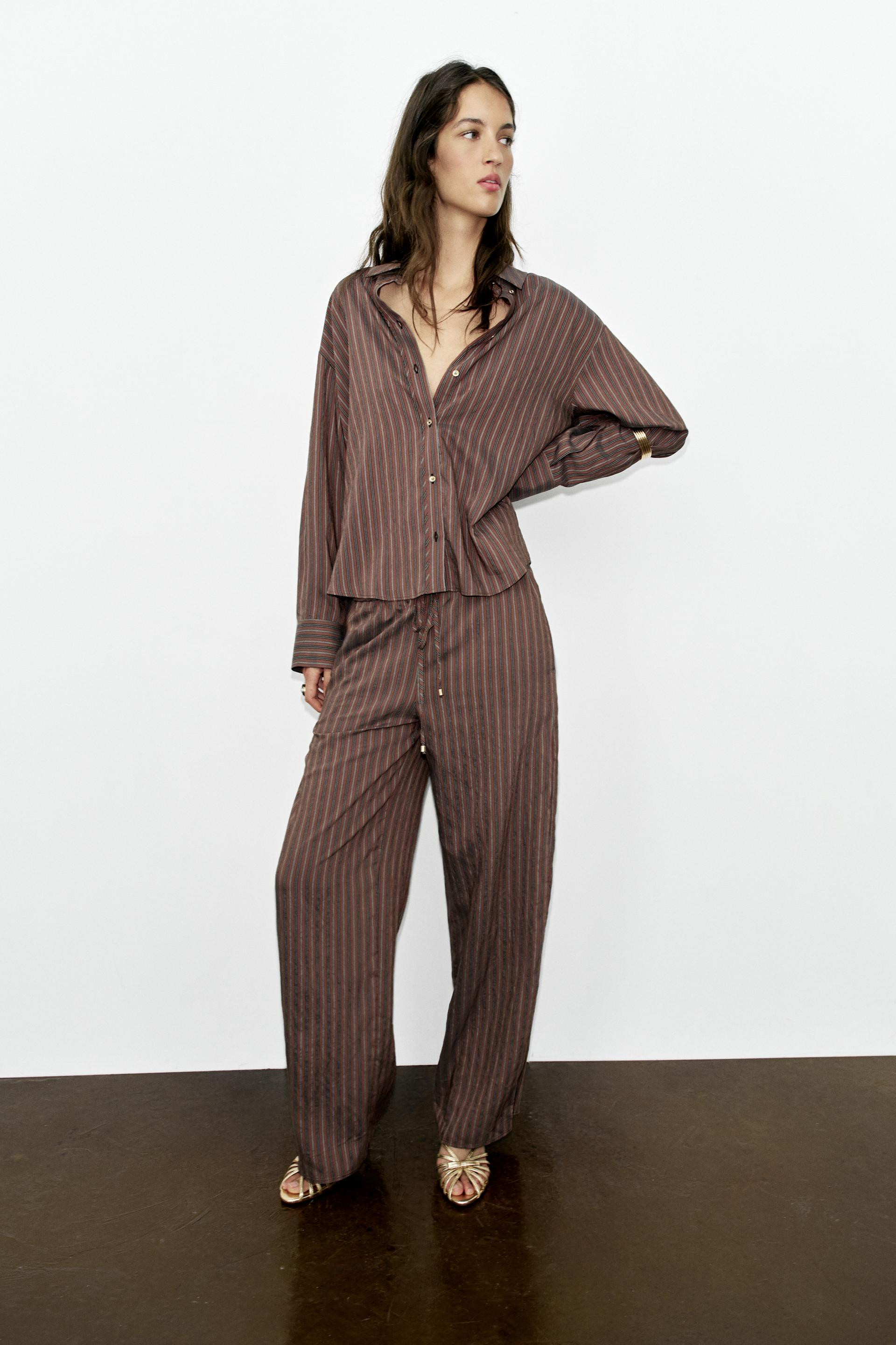 Zara - Weite Hose Mit Streifen - Cremefarben / Braun - M - Damen | Zara DE