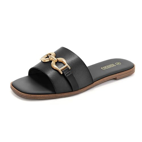 Rihero Black Flat Sandals for Women Summer Square Open Toe Slides Slip On Fashion Slide Sandals Wide Width Size 10 | Amazon (US)