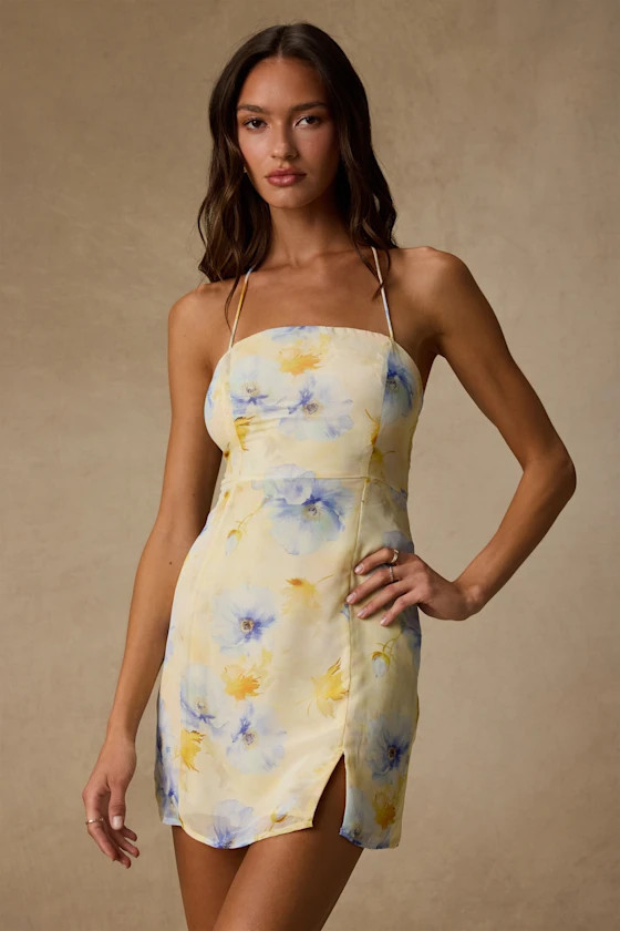 Catch the Bouquet Light Yellow Floral Halter Lace-Up Mini Dress | Lulus