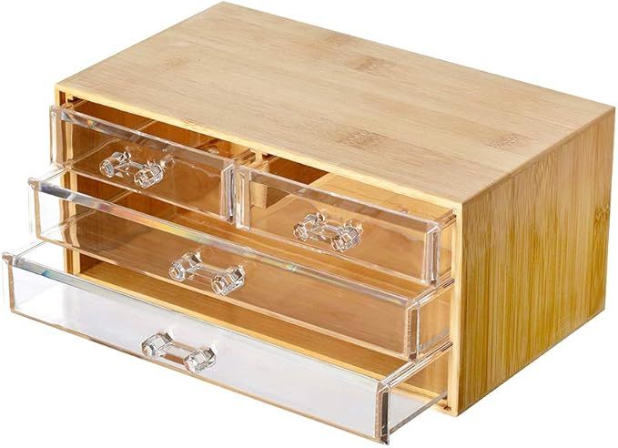Bamboo Jewelry Organizer Box with 4 Clear Acrylic jewelry Drawer, Velvet Jewelry Tray Holder Insi... | Amazon (US)
