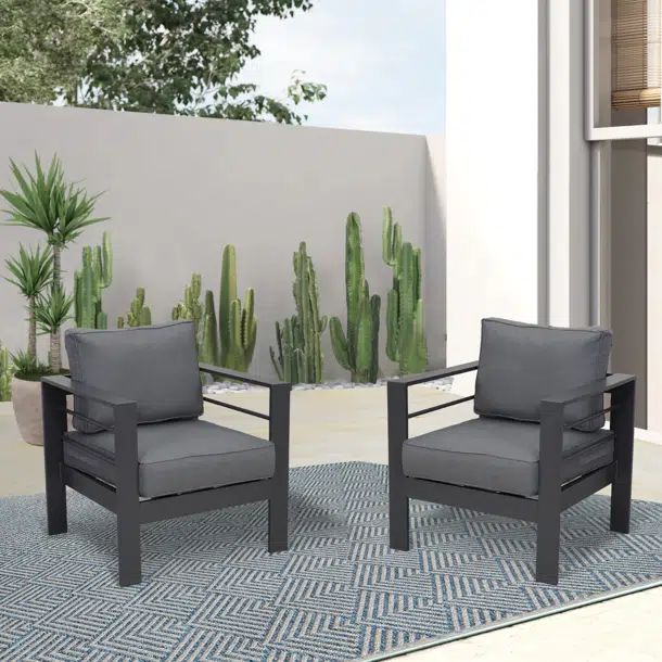 2 PCS Patio Furniture Metal Armchair, White Chair With Grey Cushions (Set of 2) | Wayfair North America