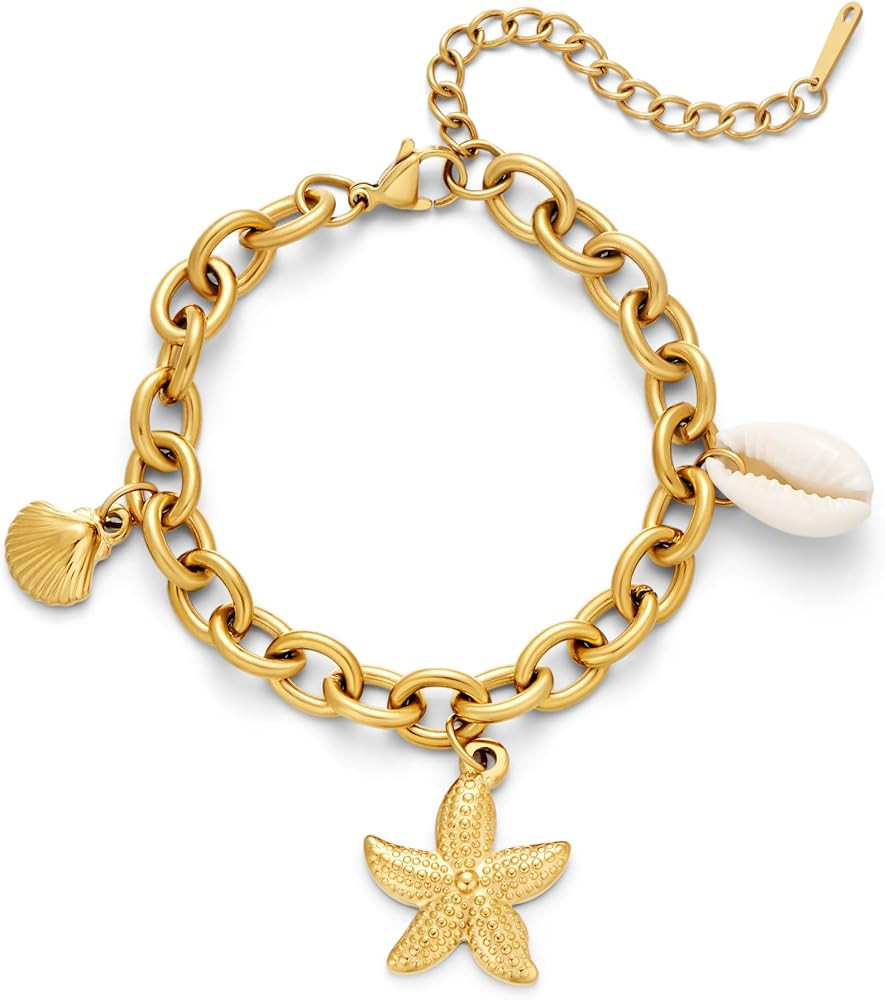 Gold Bracelet For Women With Starfish Shell Charms Trendy Puka Shell Summer Ocean Shell Bracelets... | Amazon (US)