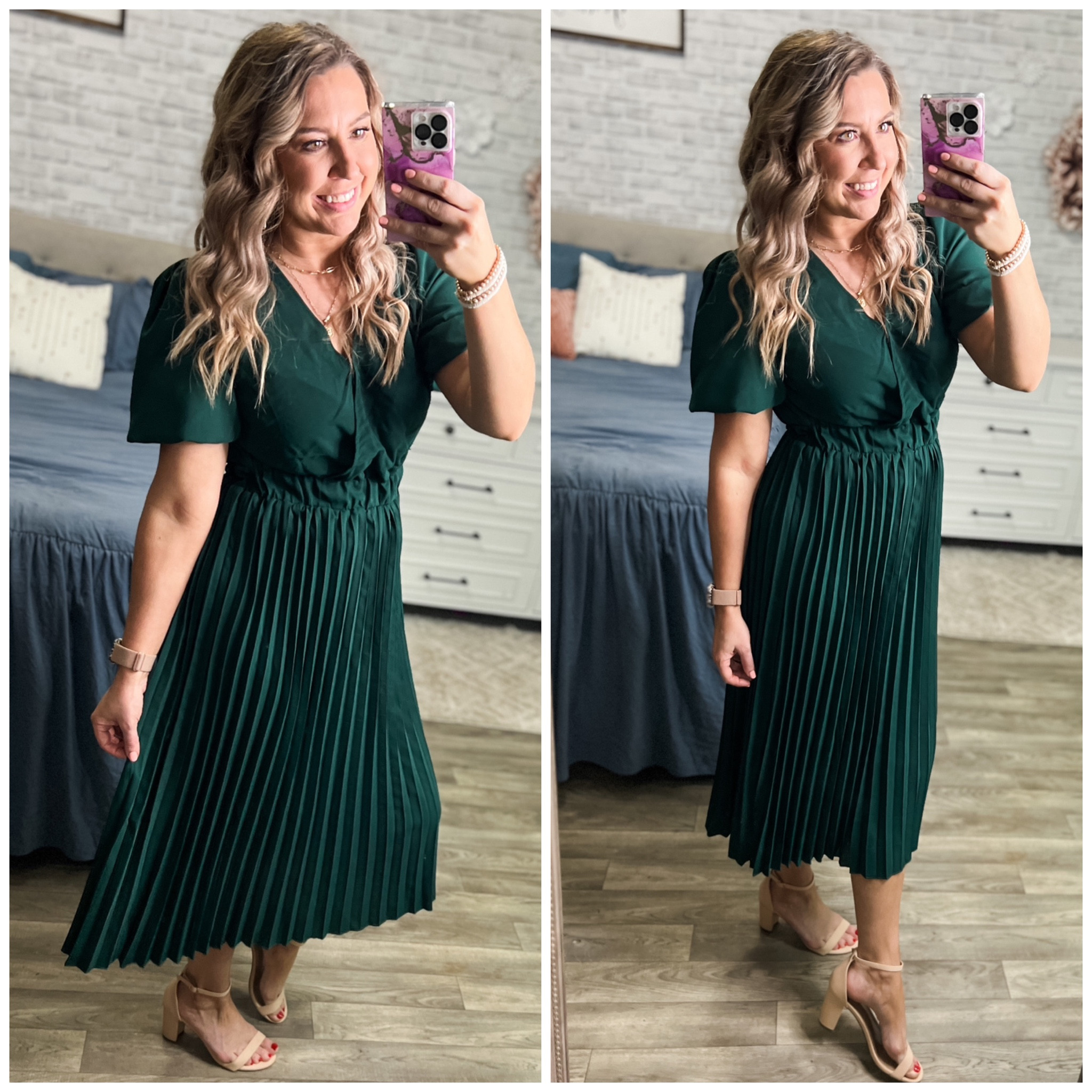 New dress! Seriously loving the pleats! This one has a slight puff sleeve too. True to size I’m in the medium!