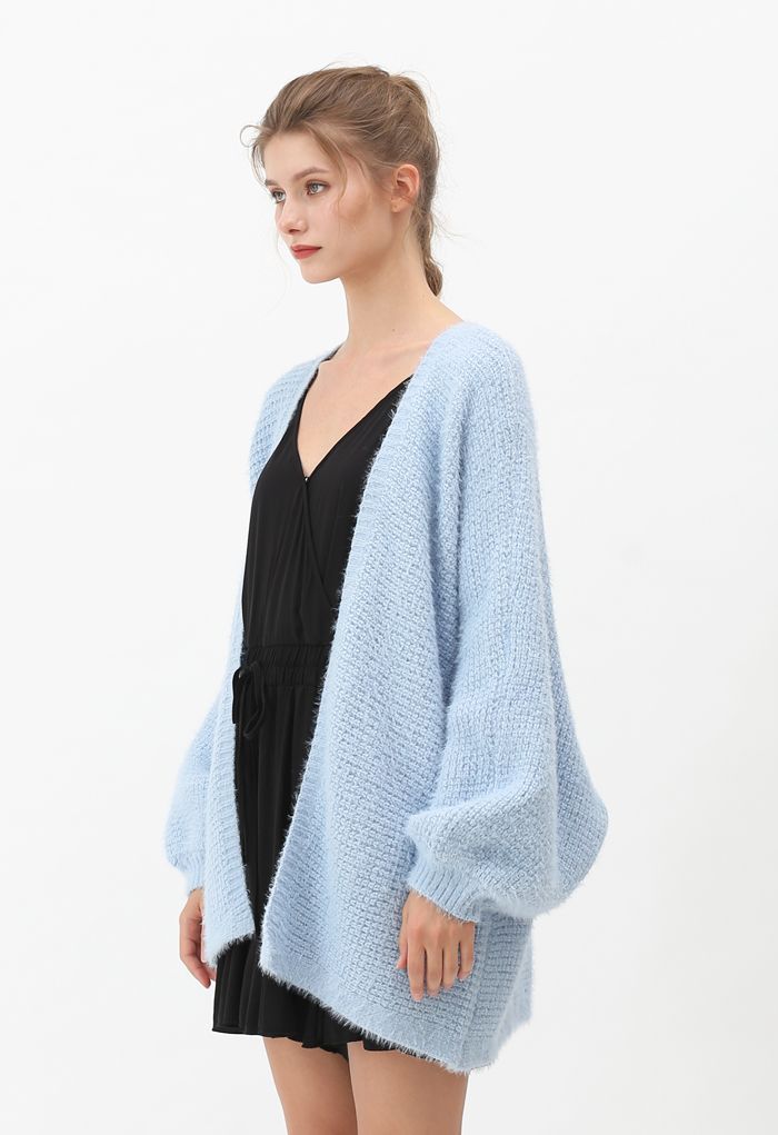Fuzzy Open Front Waffle Knit Cardigan in Blue | Chicwish