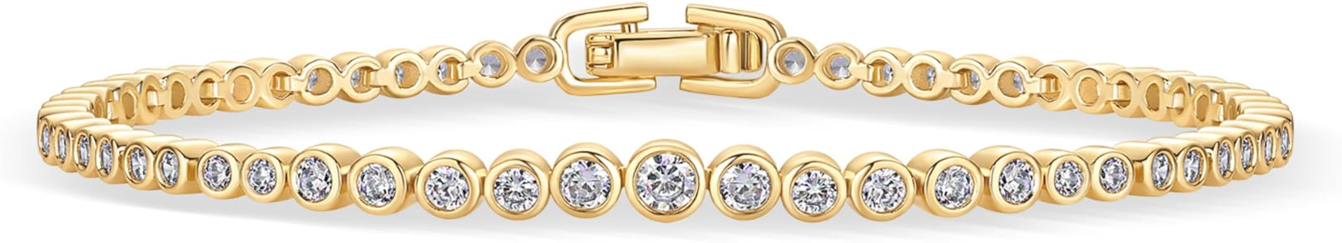 PAVOI 14K-18K Gold Plated Simulated Diamonds Bezel Set Tennis Bracelets for Women - Cubic Zirconi... | Amazon (US)