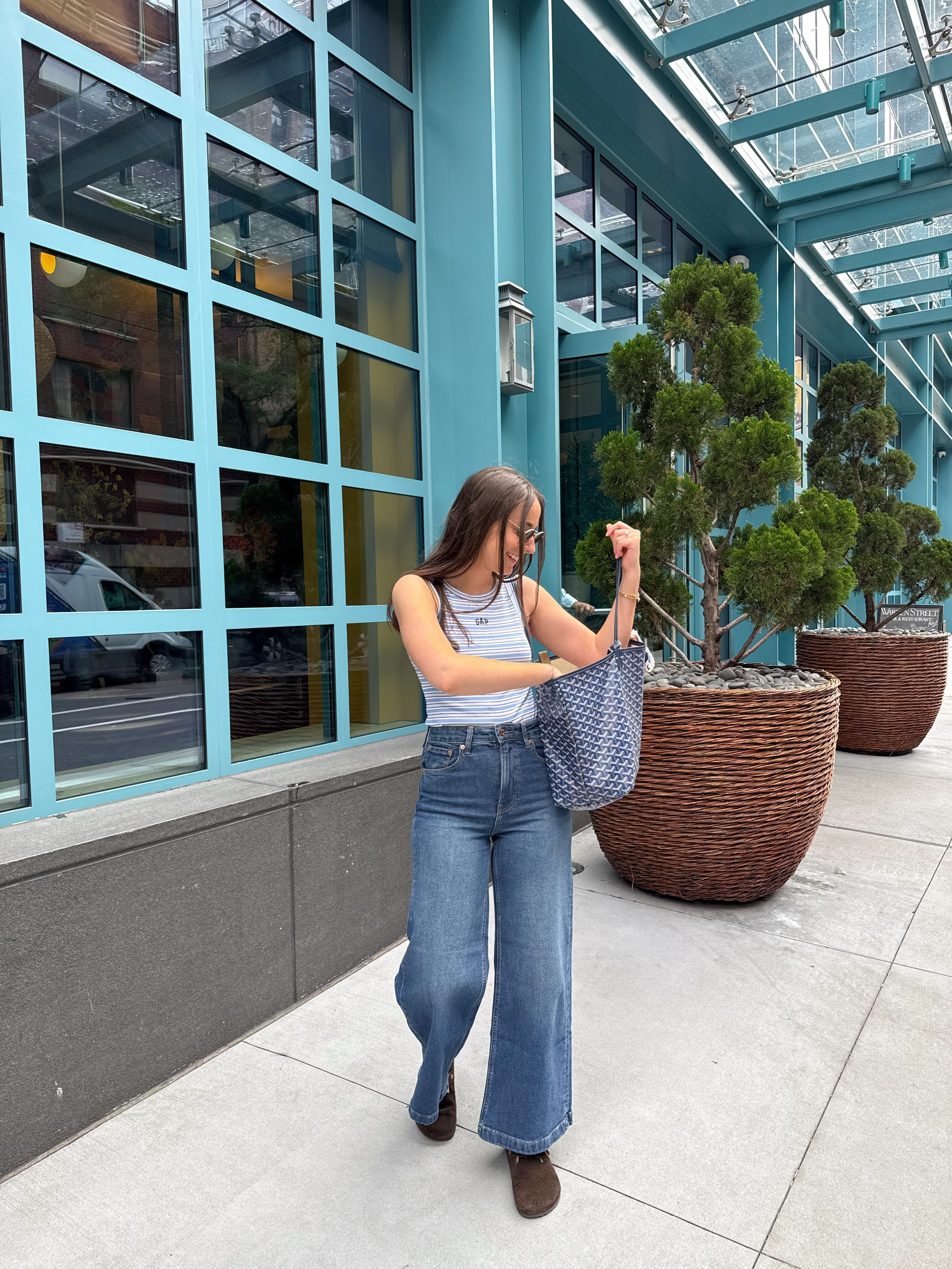 spring outfits, spring outfits 2025, spring fashion, june outfit, casual spring outfits, spring outfit ideas, cute summer outfits, cute casual outfit, spring outfit, resort wear, clean girl,  new york outfit, nyc outfit, summer outfits, summer tops, east coast summer, coastal grandmother, dad shorts, abercrombie shorts, coastal granddaughter, coastal grandmother, blue stripe tank, stripe tank top, blue tank top, wide leg jeans, jeans outfit summer, brown shoes, birkenstock clog, birkenstock boston, 