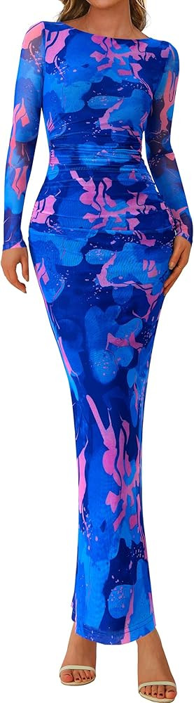 PRETTYGARDEN Women's Long Sleeve Bodycon Dresses 2026 Spring Sexy Floral Mesh Slit Ruched Tight M... | Amazon (US)