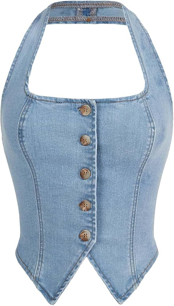 SHENHE Women's Denim Vest Halter Neck Button Up Denim Top Asymmetrical Backless Jean Vest Crop To... | Amazon (US)
