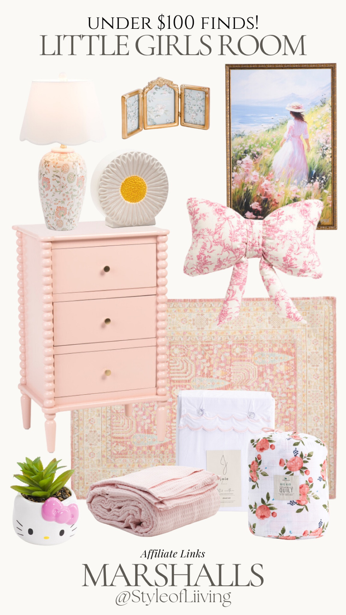 Marshalls home finds! Home decor and furniture for little girls bedroom under $100! Nightstand, pink area rug, table lamps, nightlights, wall art, pillows, bedding, sheets, faux plants, picture frames. Pink decor. #ltkunder100

#LTKHome #LTKStyleTip #LTKKids