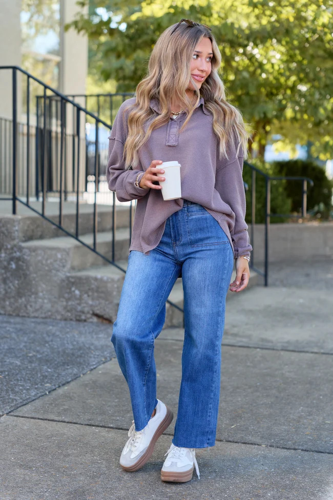 All The While Waffle Knit Oversized Long Sleeve Top Plum DOORBUSTER | Pink Lily
