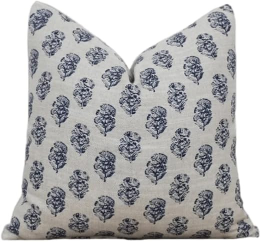Floral Block Print Pillow Cover in Tan and Navy Blue | Amazon (US)