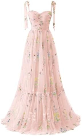 Cudiew Flower Embroidery Tulle Prom Dress for Women Formal Floral Ruched Party Gowns Floor Length | Amazon (US)