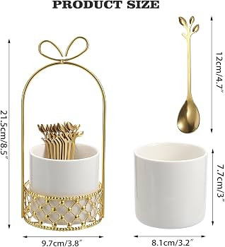 ELLDOO Coffee Spoon Set, White Ceramic Holder with 8 Stainless Steel Gold Leaf Coffee Spoons, Cre... | Amazon (US)