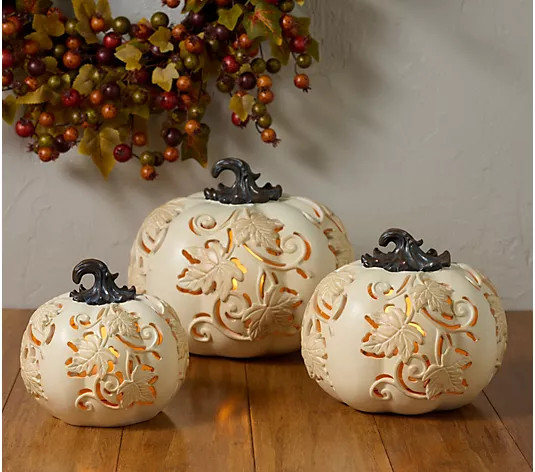 S/3 In/Outdoor Flicker Flame Stacking Pumpkins by Valerie - QVC.com | QVC