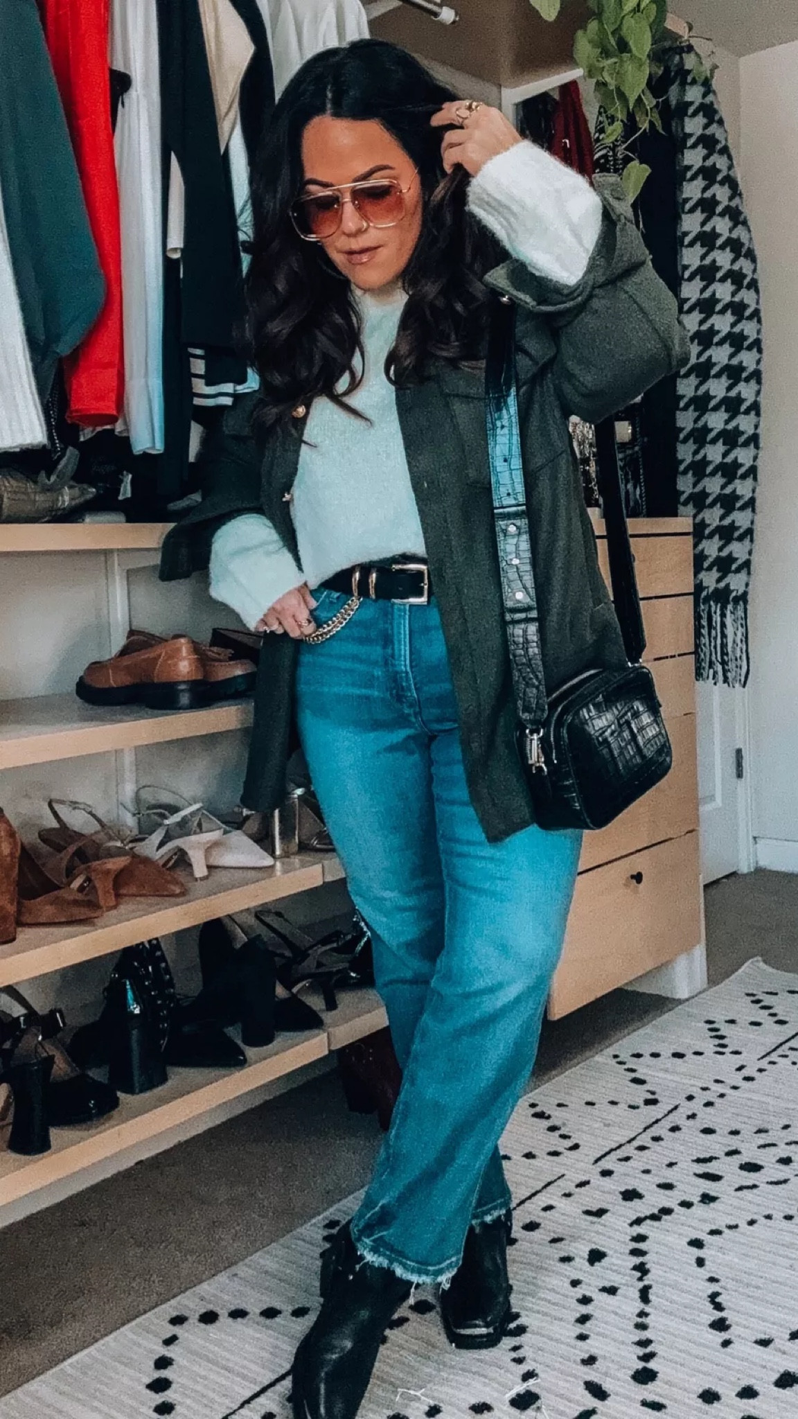 Midsize fall and winter outfit idea Cozy cream sweater xl Xl in this army green shacket Size 14 in these perfect length straight leg jeans (I am 5’6 ) Moto boots Chain belt xl Custom crossbo

#LTKSeasonal #LTKstyletip #LTKmidsize