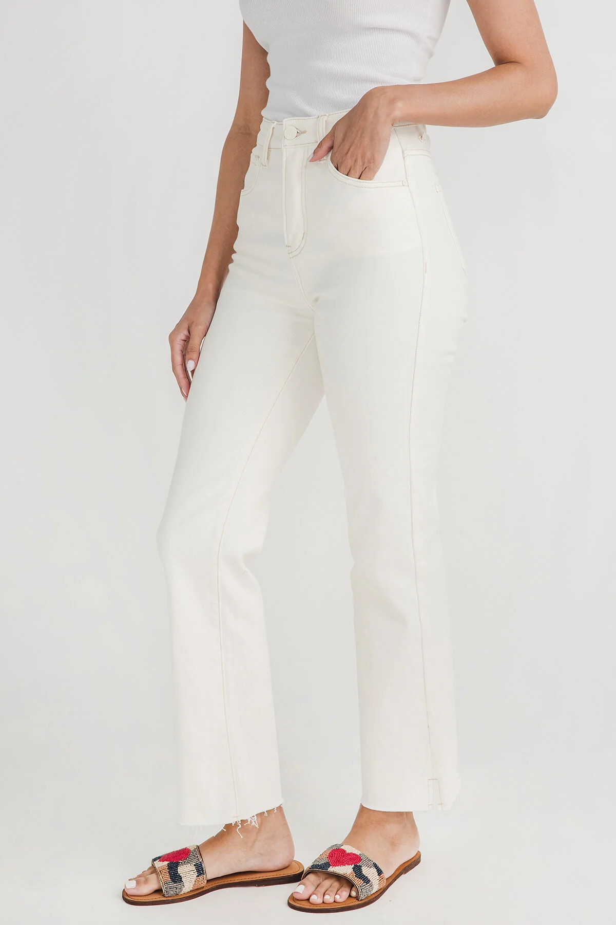 Risen Cream Side Slit Straight Leg Jeans | Social Threads
