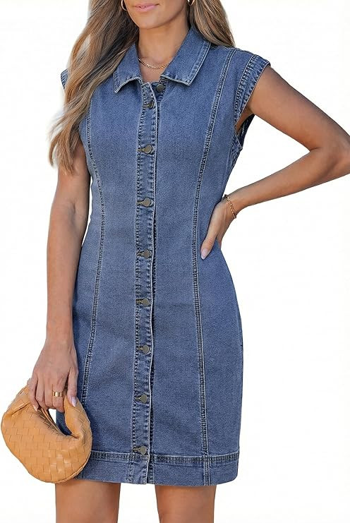 GRAPENT Denim Dress for Women Stretchy Cap Sleeve Button Down Casual Collared Above Knee Short Je... | Amazon (US)