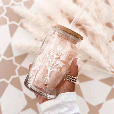 Wildflower Cup Iced Coffee Glass Floral Glass Can with Lid Straw Cute Boho Coffee Cup for Women F...
