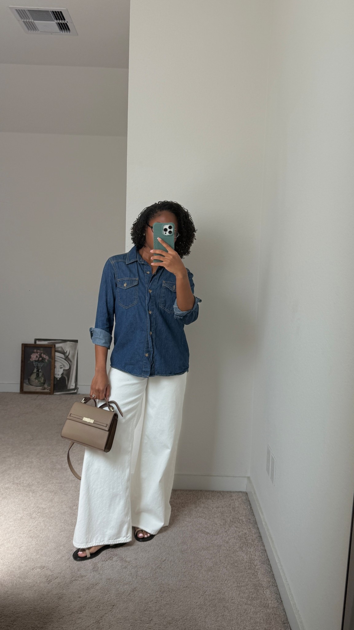 Casual spring outfit with white wide leg jeans 🤌🏾

bag is marks & Spencer but sold out. Similar linked

denim shirt // suede sandals 

#LTKStyleTip #LTKFindsUnder50 #LTKPetite