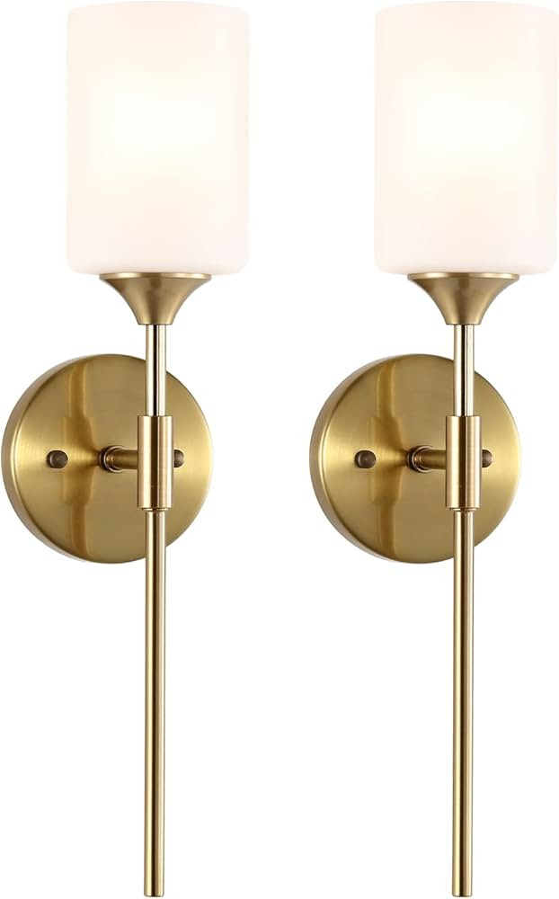 BYOLIIMA Gold Wall Sconce Set of 2 with White Cylinder Glass Shades Modern Mid Century Bathroom V... | Amazon (US)