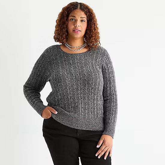 St. John's Bay Plus Womens Crew Neck Long Sleeve Cable Knit Pullover Sweater | JCPenney