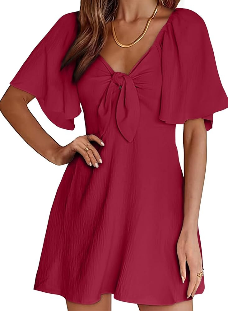 Dokotoo Womens Dresses 2026 Spring Summer Deep V Neck Elegant Bow tie Mini Dress S-XL | Amazon (US)