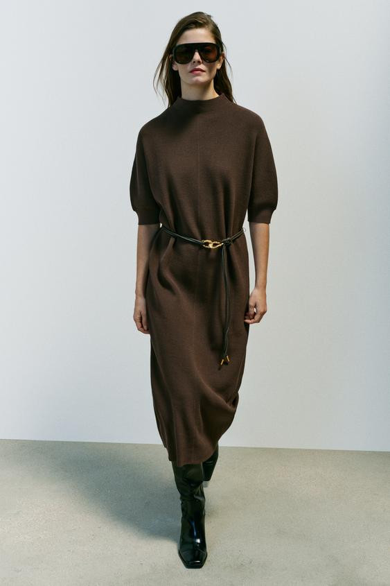 Zara - Belted Long Knit Dress - Brown - M - Woman | Zara UK