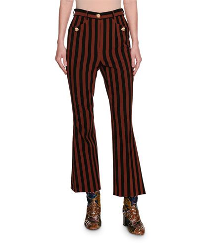 Striped Kick-Flare Cropped Pants with Dog Buttons, Multicolor | Neiman Marcus