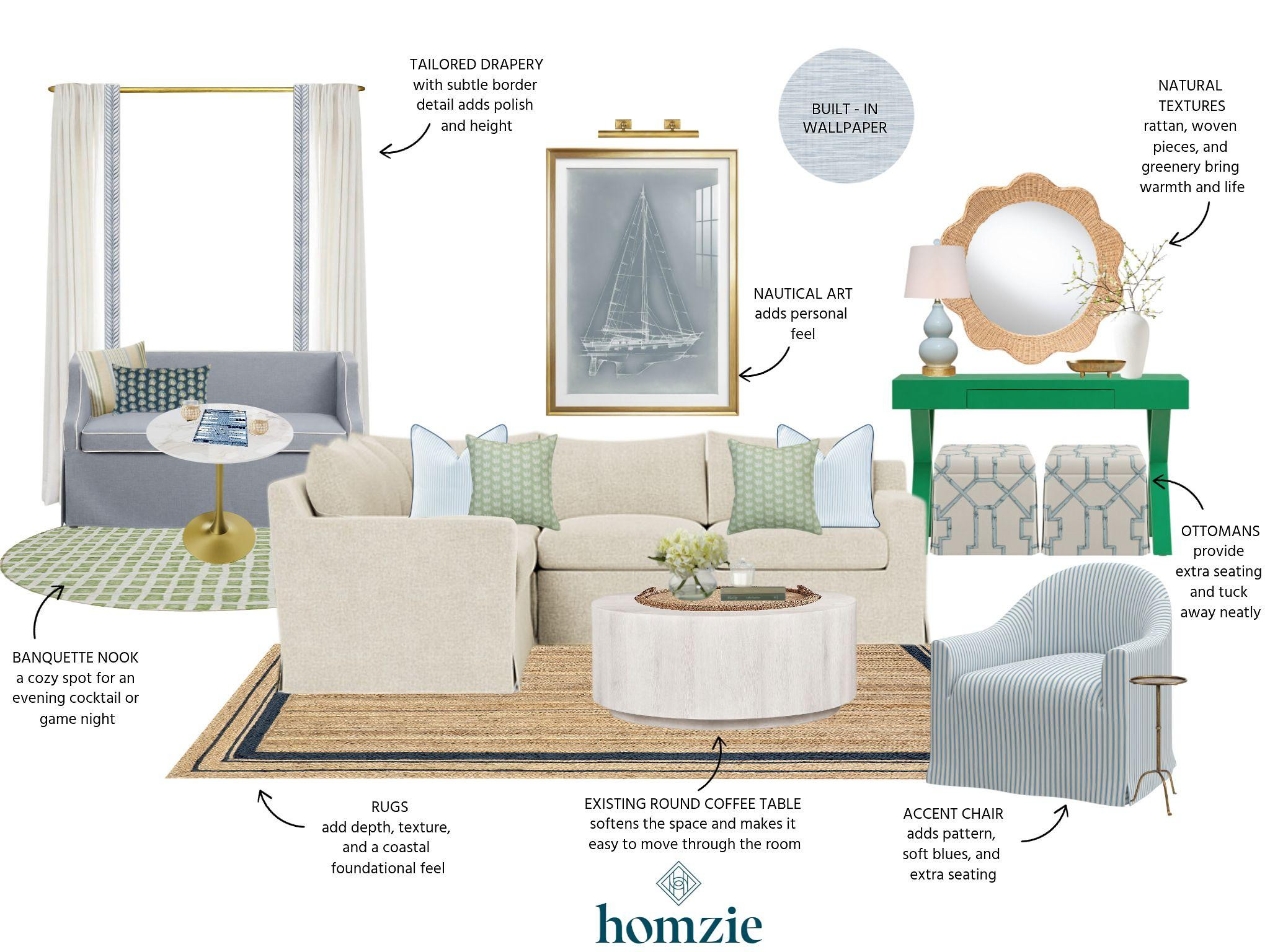 Coastal charm with a fresh, elevated twist. 🌊💙

This space layers soft blues, natural textures, and playful pops of Kelly green to create a look that's both relaxed and full of personality. Textured wallpaper adds depth, while a natural jute rug and nautical-inspired artwork bring in timeless coastal character. The cozy banquette nook creates the perfect spot to gather—whether you're enjoying an evening cocktail, hosting game night, or lingering over morning coffee.

A beautiful reminder that coastal design can feel sophisticated, welcoming, and uniquely personal. 🤍

#LTKHome #CoastalStyle #CoastalDecor #HomeDesign #BanquetteSeating #InteriorDesign #NeutralHome #BlueDecor #HomeInspiration #CoastalLiving 

 