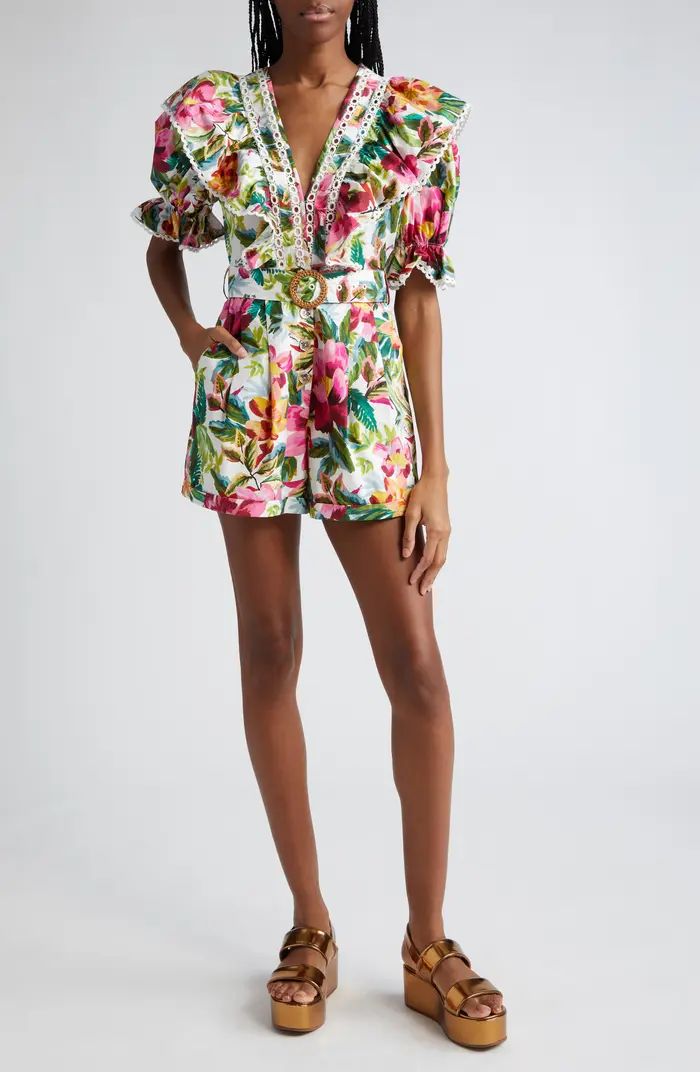 Painted Flowers Lace Trim Belted Cotton Romper | Nordstrom