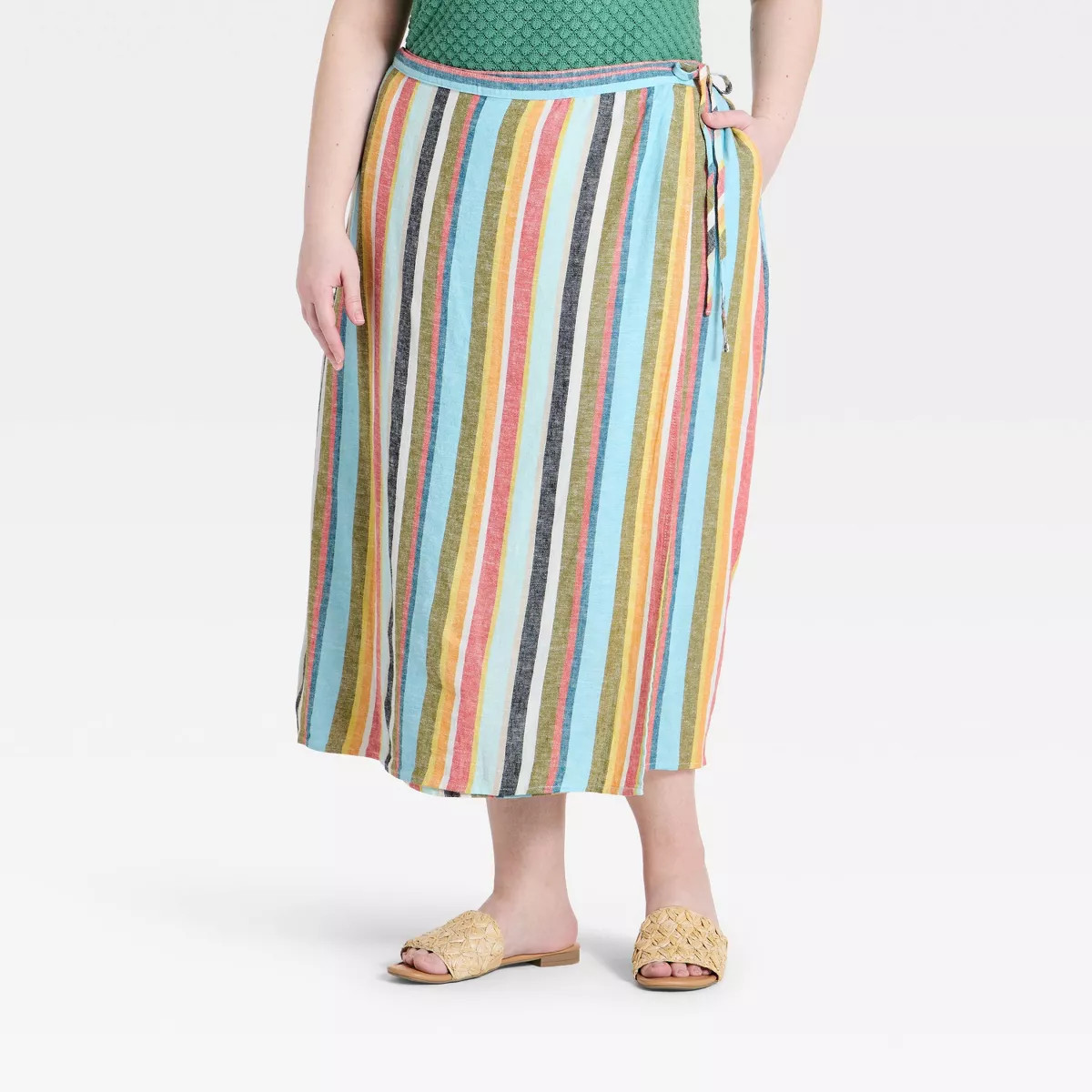 Women's Linen Midi Wrap Skirt - A New Day\u2122 Cream Striped XXL | Target