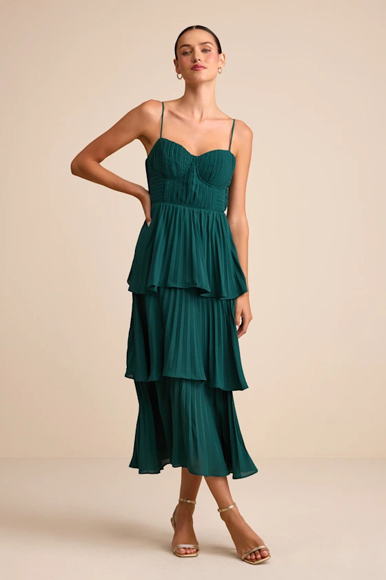 Cascading Crush Emerald Tiered Bustier Midi Dress | Lulus
