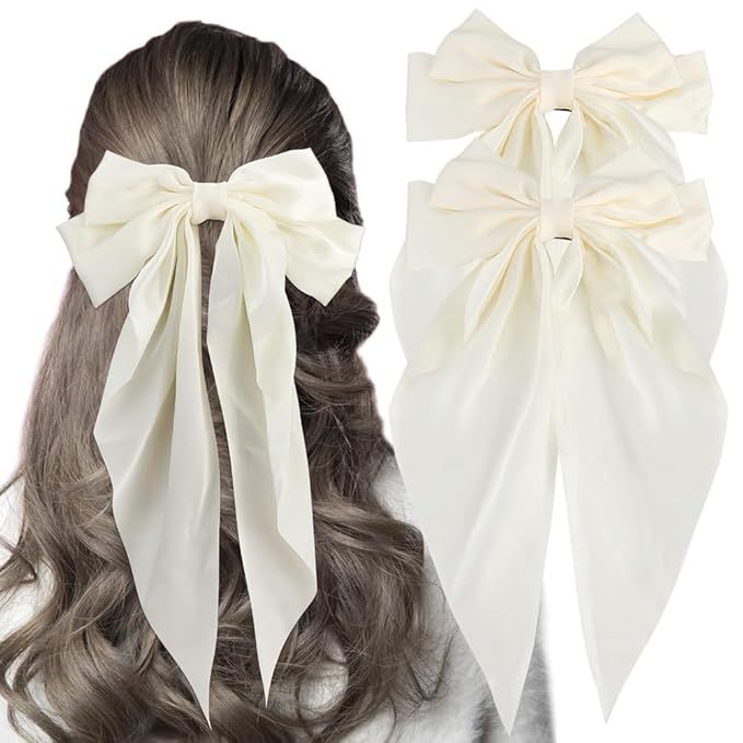 Exacoo White Hair Bows for Women 2Pcs Silky Satin Hair Bow Clips Hair Ribbon Oversized Long Tail ... | Amazon (US)