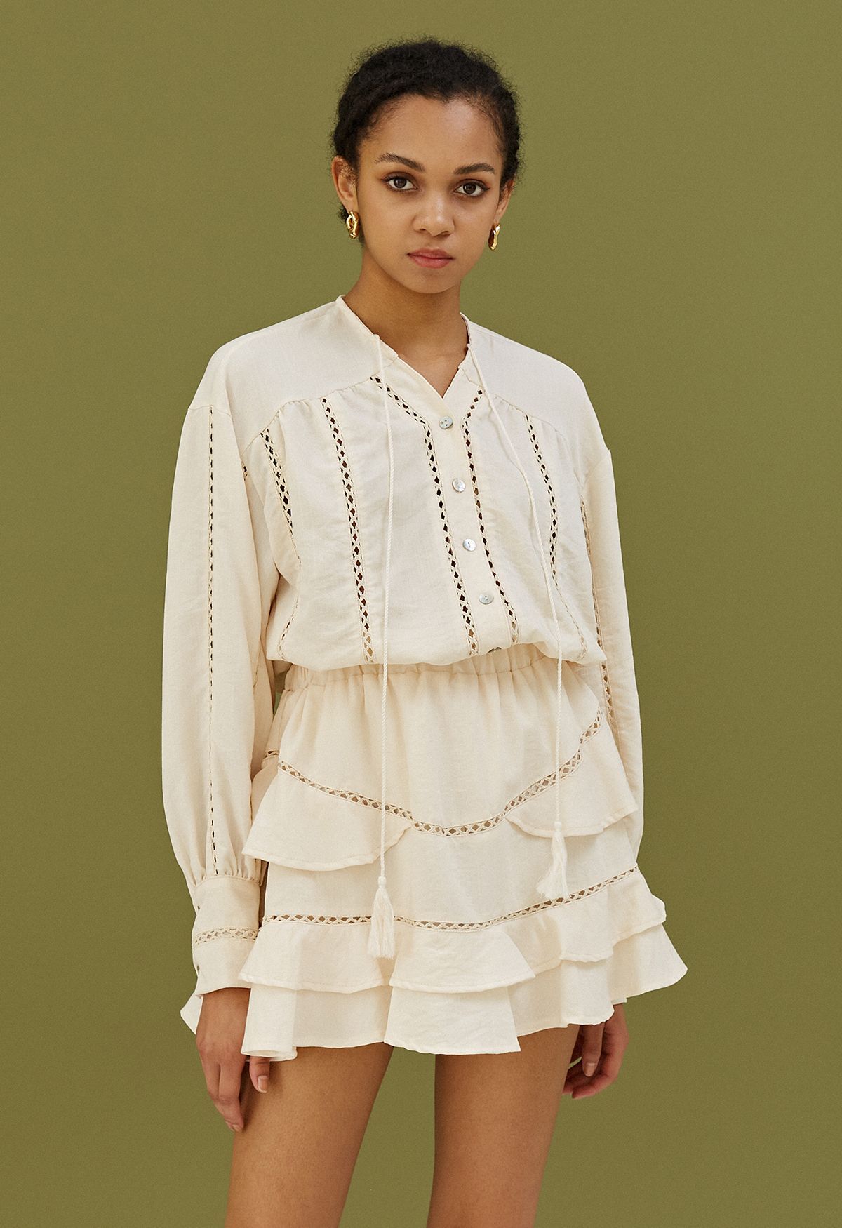 Hollow Out Tassel Shirt and Tiered Mini Skirt Set in Cream | Chicwish