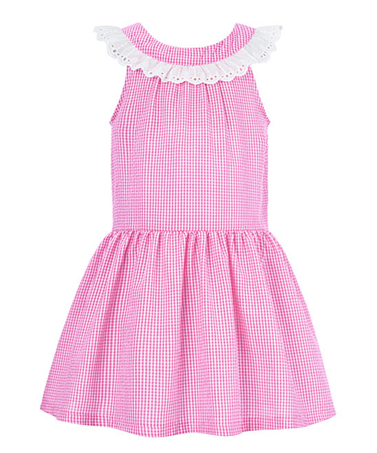 Orchid Lane Girls' Casual Dresses - Pink Gingham Lace Ruffle-Collar A-Line Dress - Toddler & Girls | Zulily