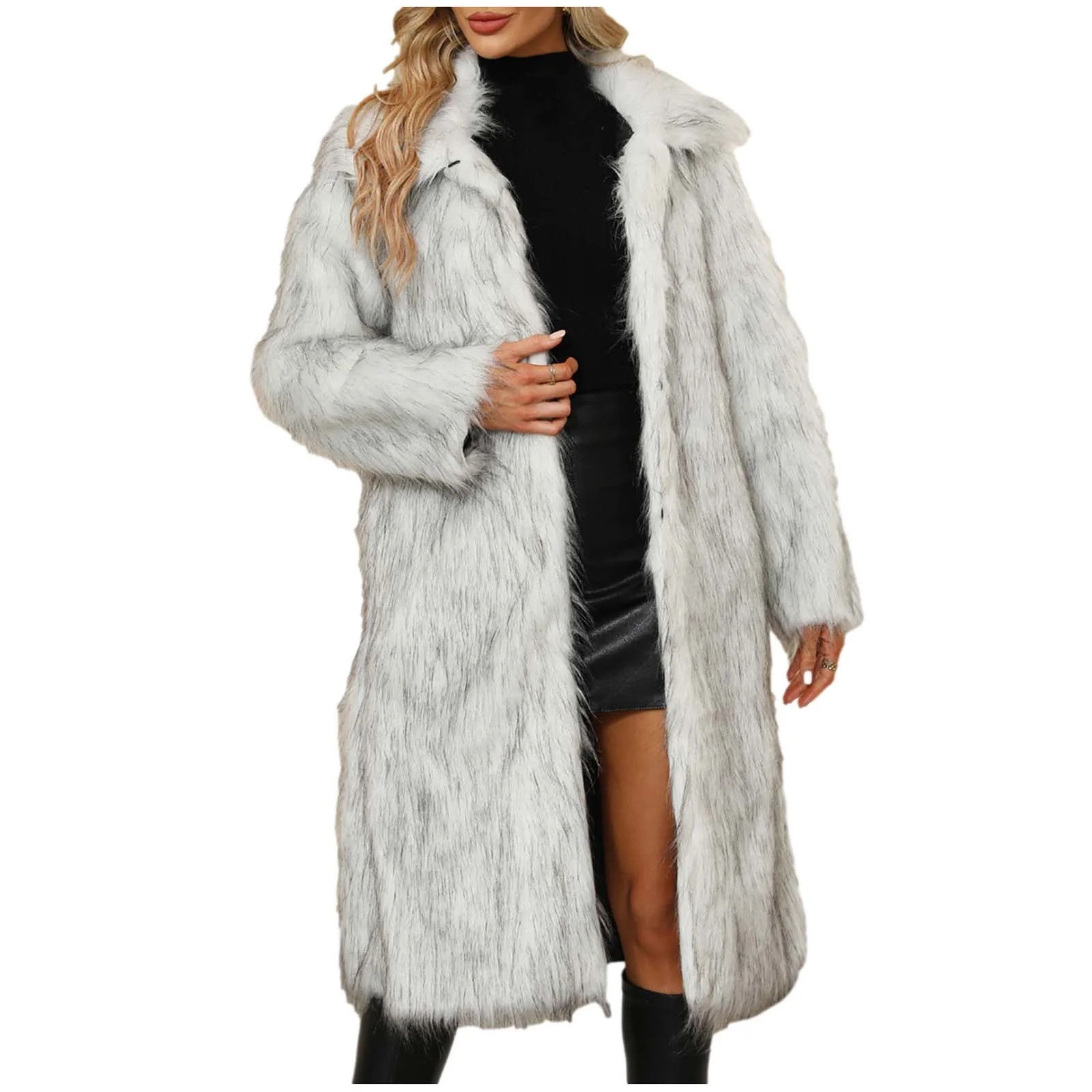 Elainilye Fashion Womens Faux Fur Coat Winter Warm Faux Furry Long Coat Jacket Winter Solid V-nec... | Walmart (US)
