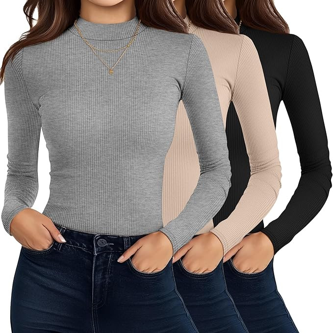 Riyiper 3 Pack Women's Turtleneck Shirts, Slim Fitted Mock Neck Tops Casual Long Sleeve Knit Ribb... | Amazon (US)