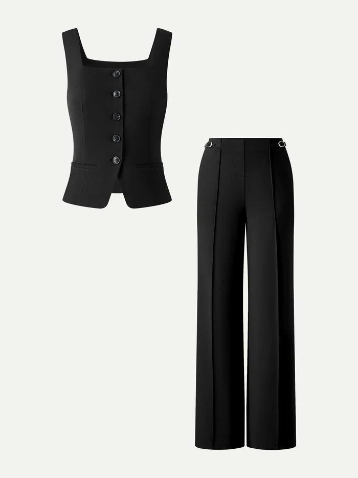 2Pcs Set Square Neck Waistcoat with Pockets & Wide Leg Ankled Pant | OGLmove