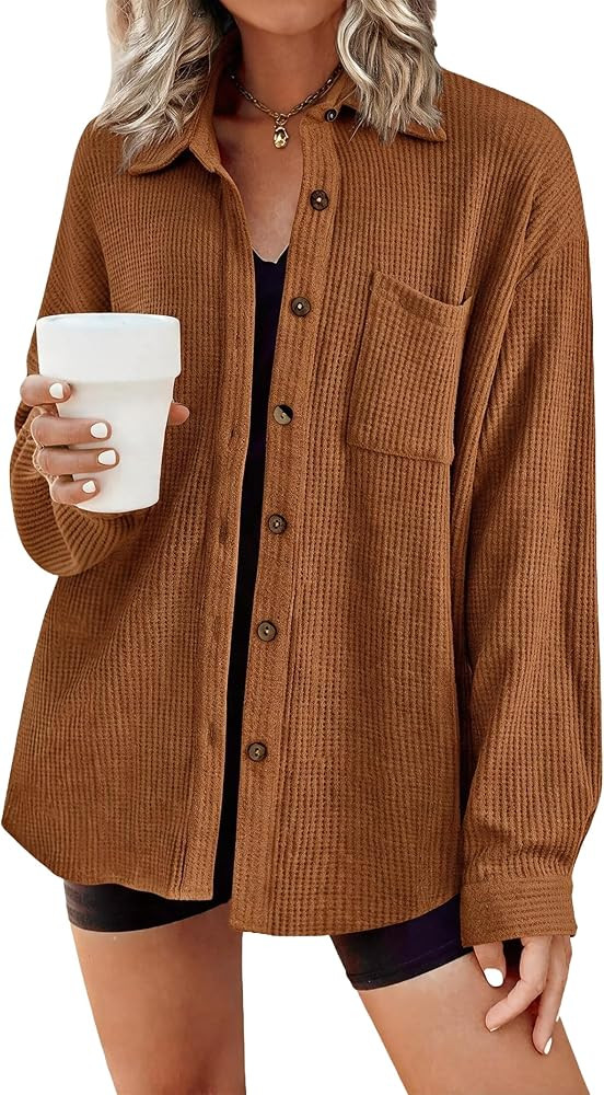 HOTOUCH Waffle Button Down Shirts for Women Long Sleeve Shacket with Pocket | Amazon (US)