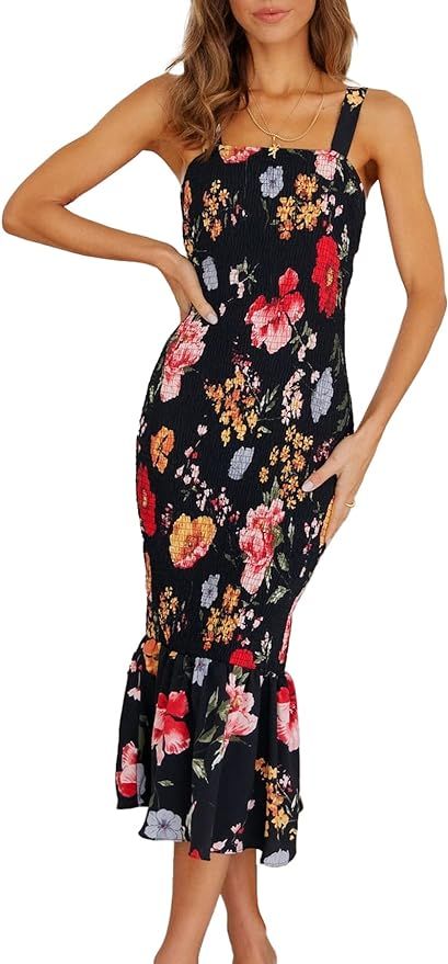 PRETTYGARDEN Women's Summer Floral Midi Tank Dress Sleeveless Strappy Ruffle Hem Smocked Bodycon ... | Amazon (US)