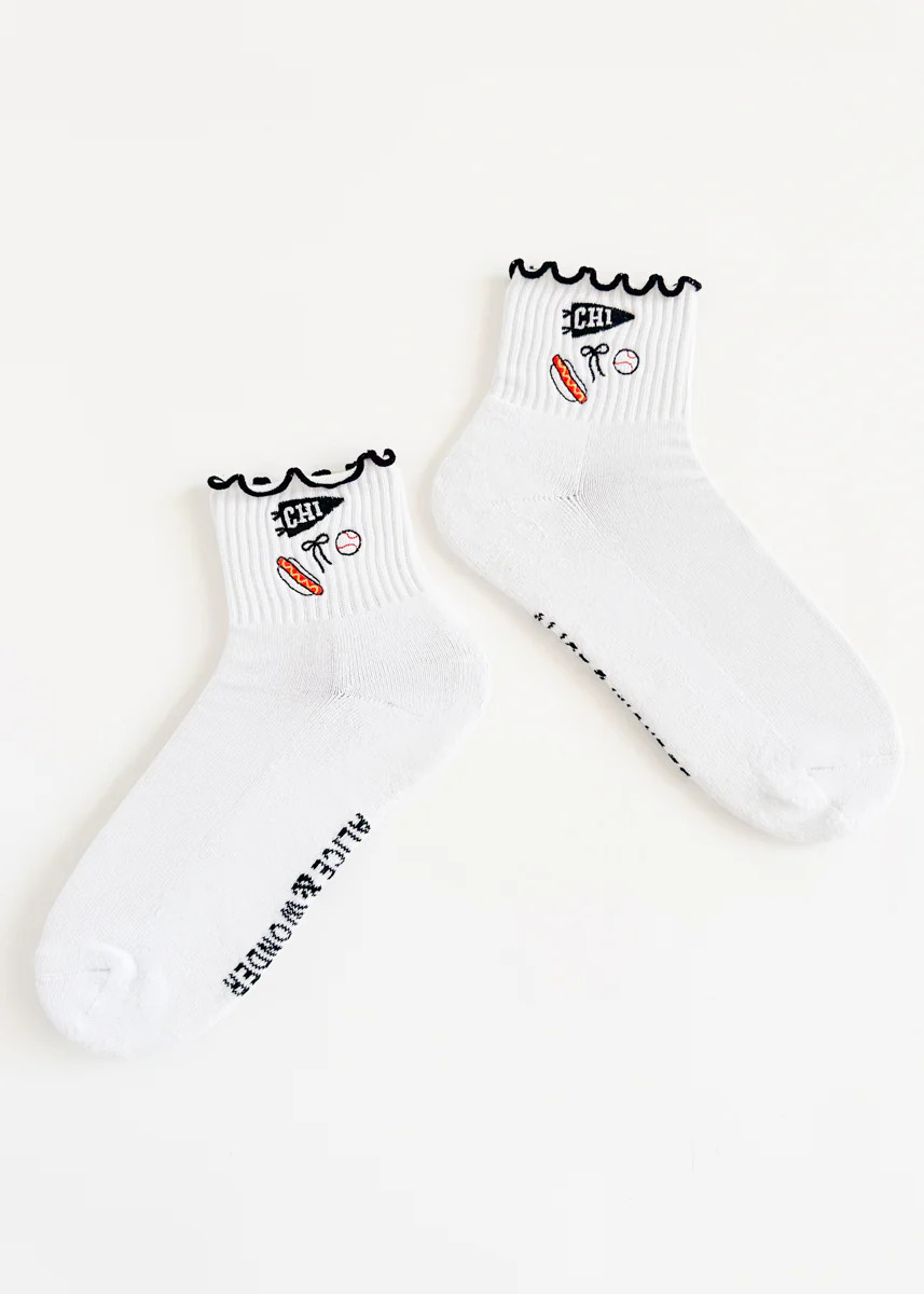 Chi Baseball Ruffle Crew Sock - White &amp; Black | Alice & Wonder