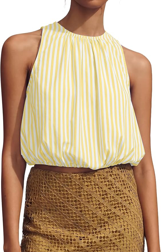 Womens Summer Halter Tops Cute Sleeveless Crewneck Puffy Hem Bubble Crop Tank Top Casual Dressy G... | Amazon (US)