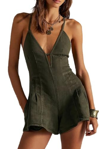 yoeasy Women's Sleeveless Deep V Neck Shorts Denim Romper Spaghetti Strap Tie Backless Ruffle Jean Overalls (X-Large, Olive Green) | Amazon (US)