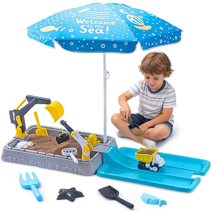Kids Excavator Sandbox with Umbrella & Cover, Construction Sandbox Set with Beach Toys & Dump Tru... | Amazon (US)